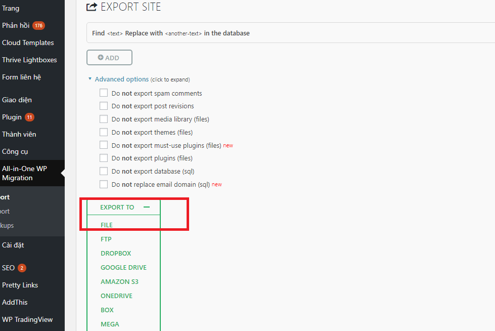Backup WordPress bằng plugin All-in-One WPMigration