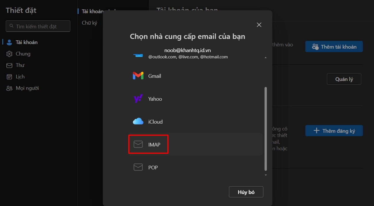 Chọn IMAP Chọn IMAP