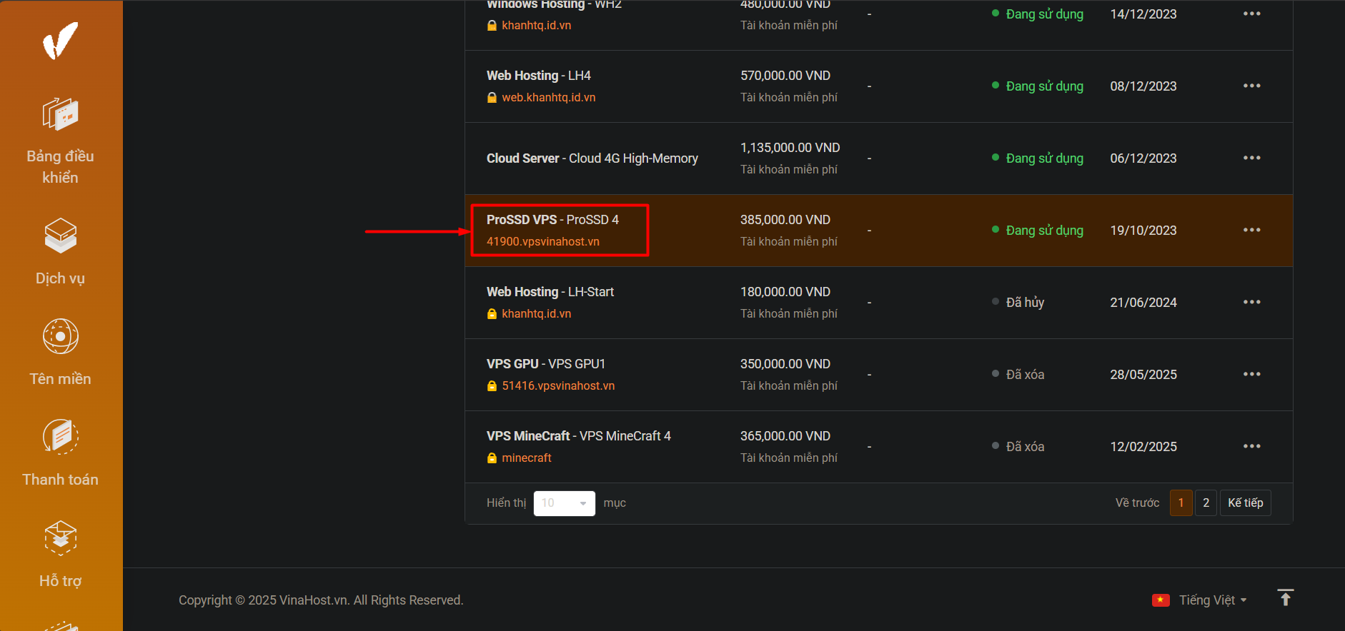 Chọn VPS cần khởi động lại