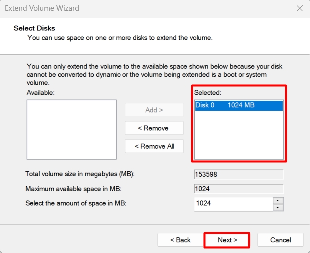 Chọn dung lượng trống để mở rộng